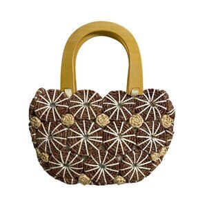 Handcrafted Women's Tropical Brown Circle Straw Braided Handbag Sz M